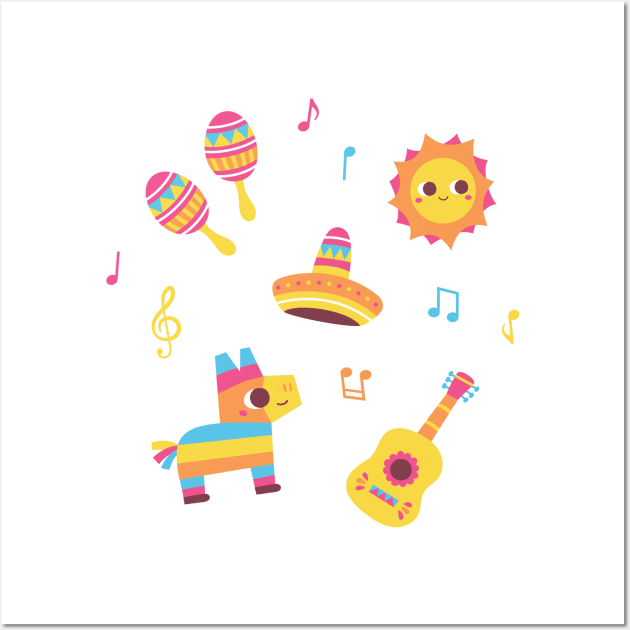 Cute Fiesta Maracas, Sun, Sombrero, Pinata, Guitar Set Wall Art by rustydoodle